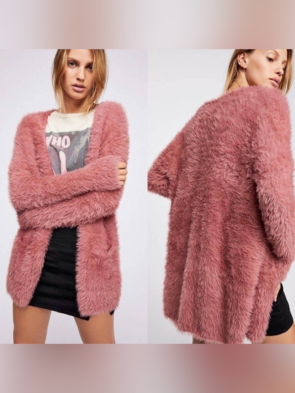 Free People Faux Fur Teddy Open Cardigan in Rose